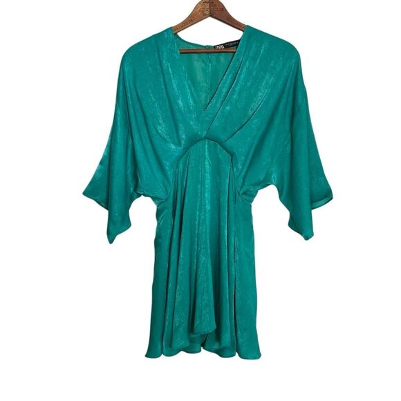 Zara Satin Full Sleeve Keyhole Back Playsuit Romper Mini Dress Teal Size XS - Picture 1 of 9
